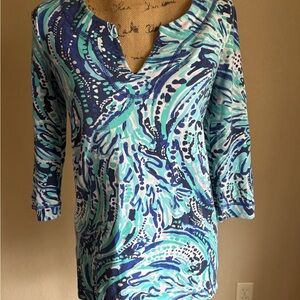 Lilly Pulitzer Swirl-Print V-Neck Tunic in Navy, Teal & Aqua